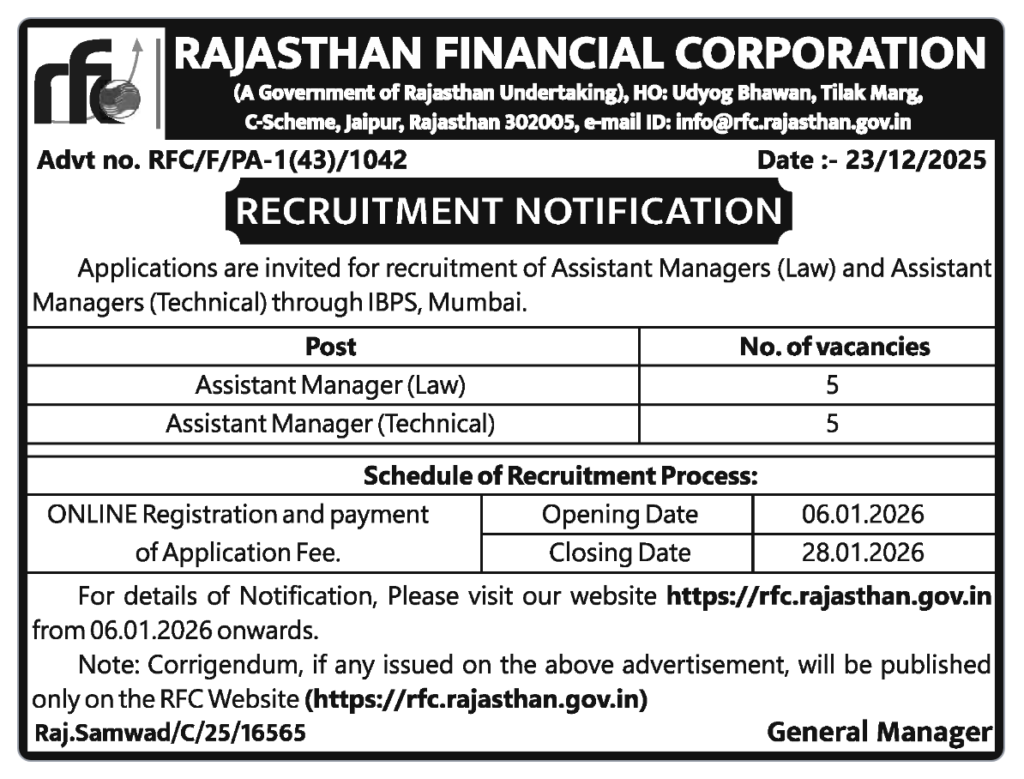 Rajasthan Financial Corporation Assistant Manager (Law)