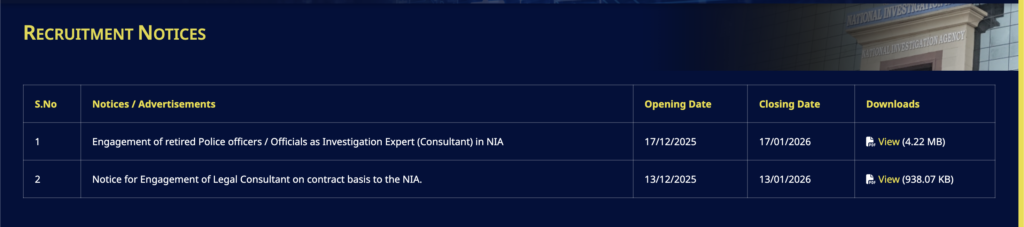 NIA Recruitment 2026