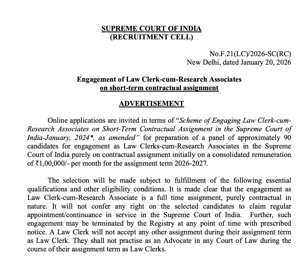 Supreme Court of India Law Clerk-cum-Research Associate Recruitment 2026–27
