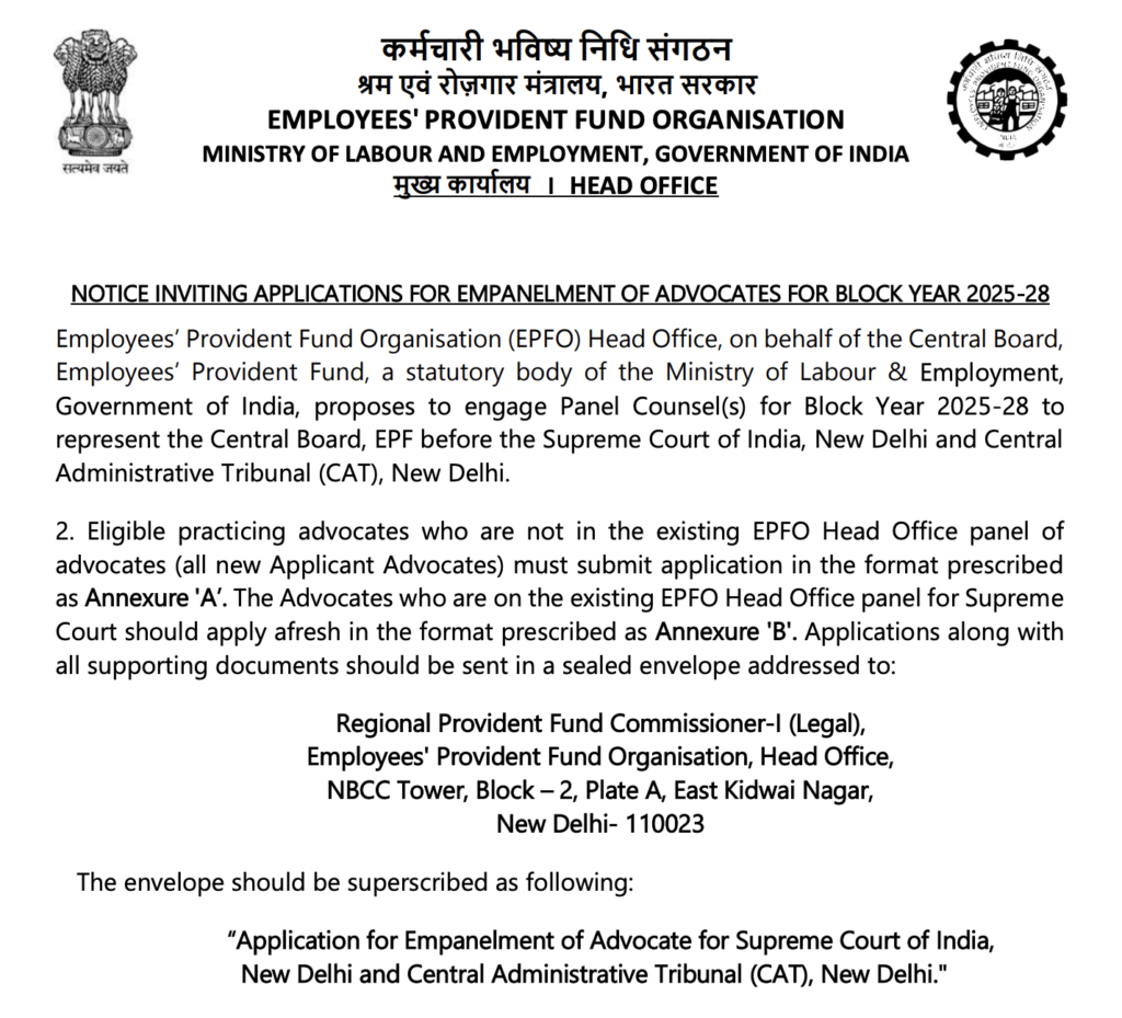 EPFO Advocates Empanelment