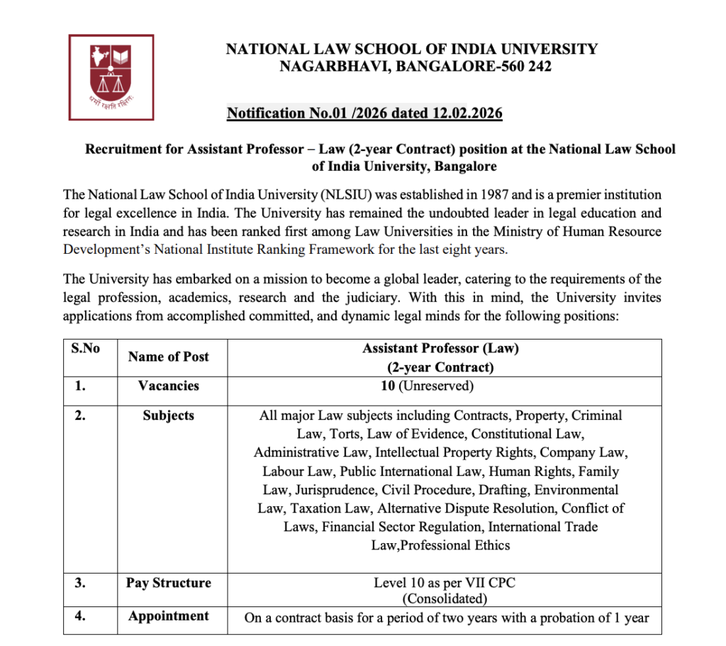 NLSIU Assistant Professor Recruitment 2026