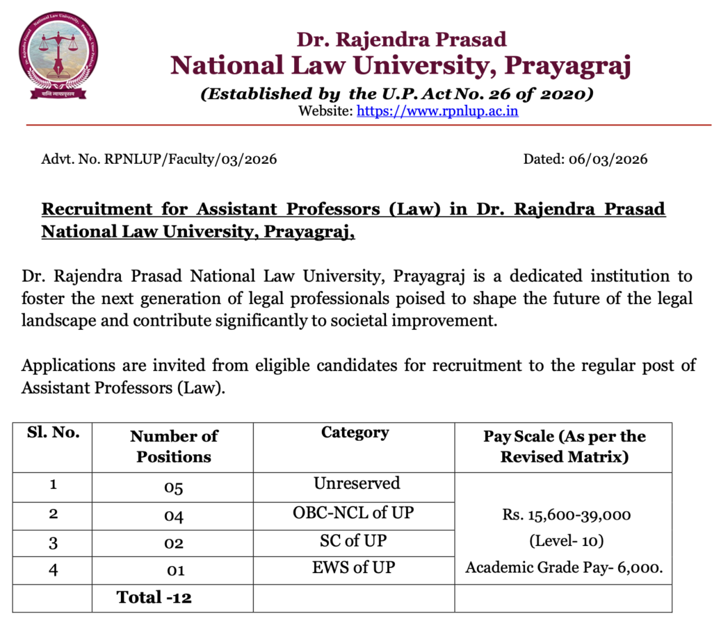 RPNLUP Assistant Professor Recruitment 2026