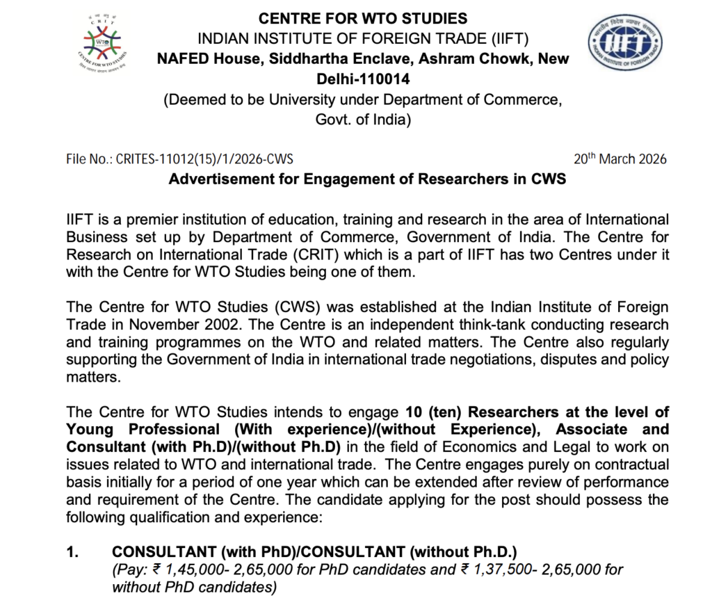 IIFT WTO Centre Recruitment 2026
