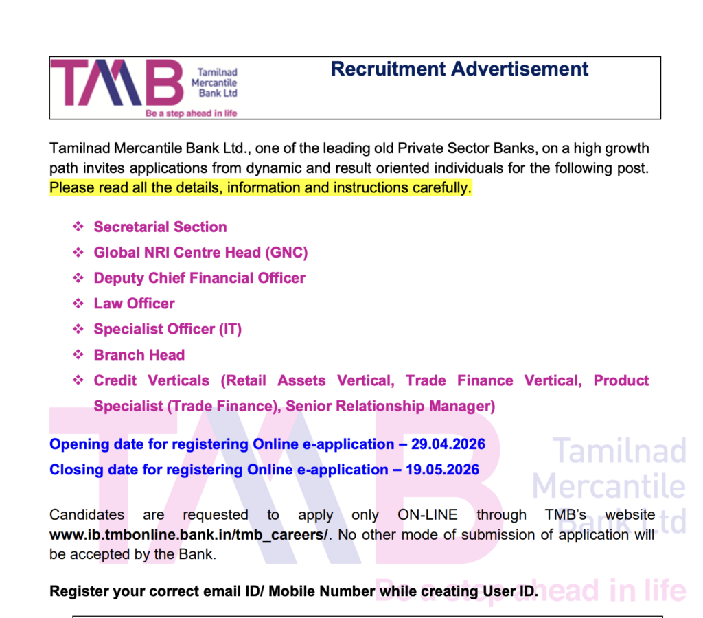 TMB Branch Head Recruitment 2026