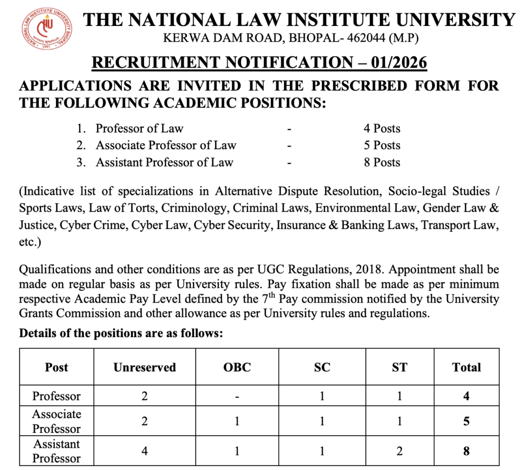 NLIU Faculty Recruitment 2026