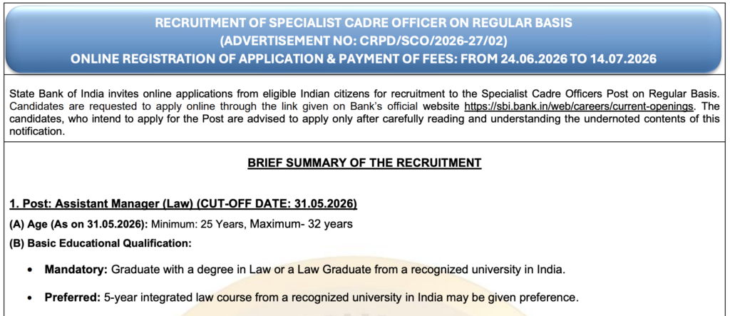 SBI Law Officer Recruitment 2026, SBI Assistant Manager Law Recruitment 2026, SBI Deputy Manager Law Vacancy, SBI SCO Recruitment 2026, SBI Legal Officer Vacancy, SBI Law Jobs 2026, Bank Law Officer Recruitment, Advocate Jobs 2026, LLB Government Jobs, Banking Legal Jobs, SBI Careers, Specialist Cadre Officer Recruitment, Assistant Manager Law SBI, Deputy Manager Law SBI, SBI Recruitment 2026